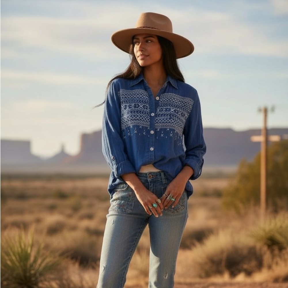 Studio West Embroidered Denim Look Top Western Boho Blouse Size XL - Picture 2 of 8